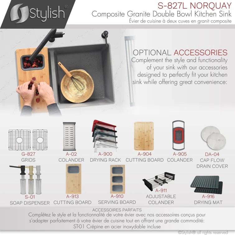 STYLISH S-827L Pietra STYLISH 27 inch Double Bowl 60/40 Dual Mount Composite Granite Kitchen Sink