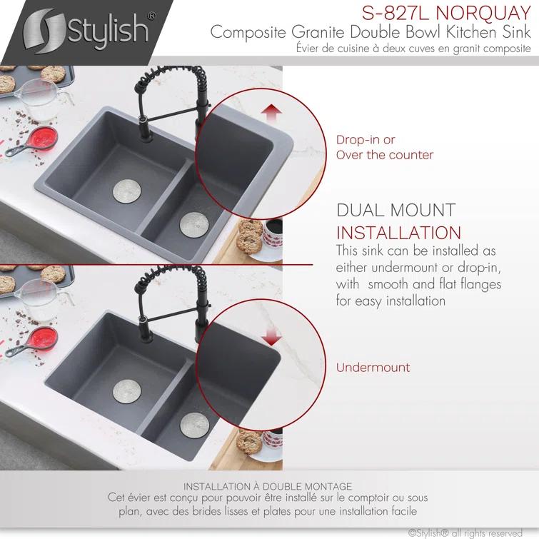 STYLISH S-827L Pietra STYLISH 27 inch Double Bowl 60/40 Dual Mount Composite Granite Kitchen Sink