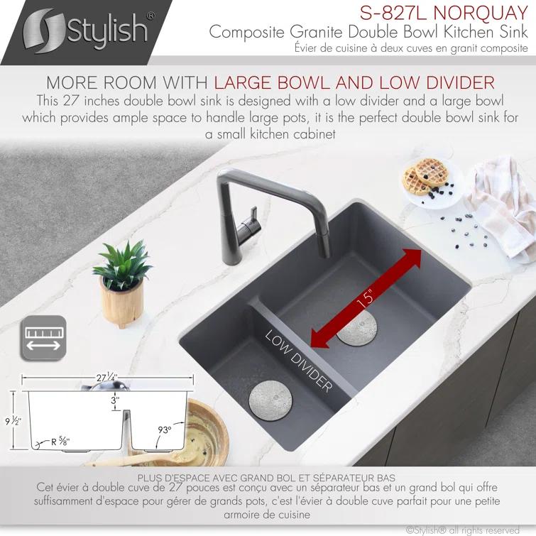 STYLISH S-827L Pietra STYLISH 27 inch Double Bowl 60/40 Dual Mount Composite Granite Kitchen Sink