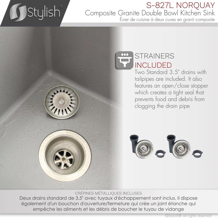 STYLISH S-827L Pietra STYLISH 27 inch Double Bowl 60/40 Dual Mount Composite Granite Kitchen Sink