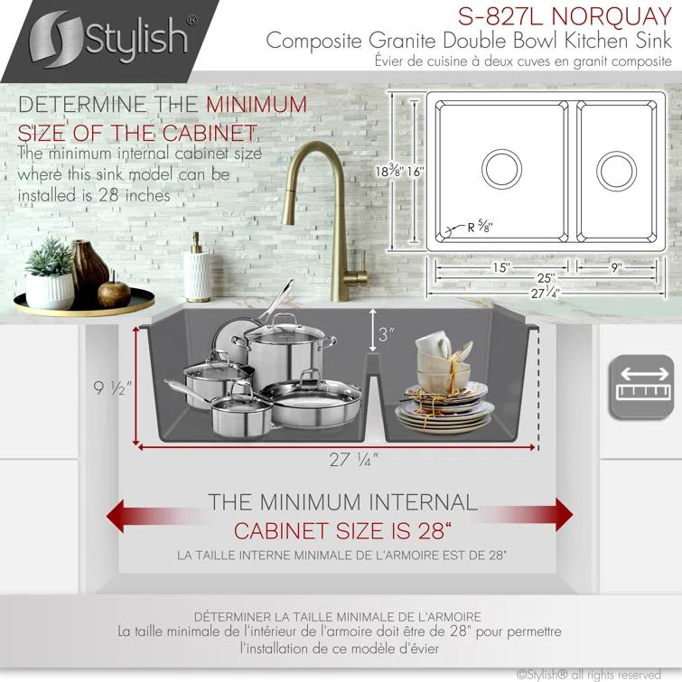 STYLISH S-827L Pietra STYLISH 27 inch Double Bowl 60/40 Dual Mount Composite Granite Kitchen Sink