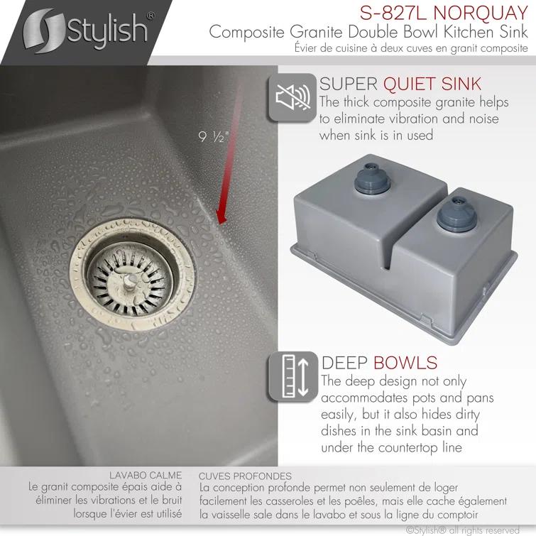 STYLISH S-827L Pietra STYLISH 27 inch Double Bowl 60/40 Dual Mount Composite Granite Kitchen Sink