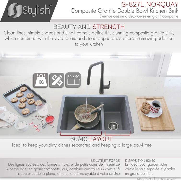 STYLISH S-827L Pietra STYLISH 27 inch Double Bowl 60/40 Dual Mount Composite Granite Kitchen Sink
