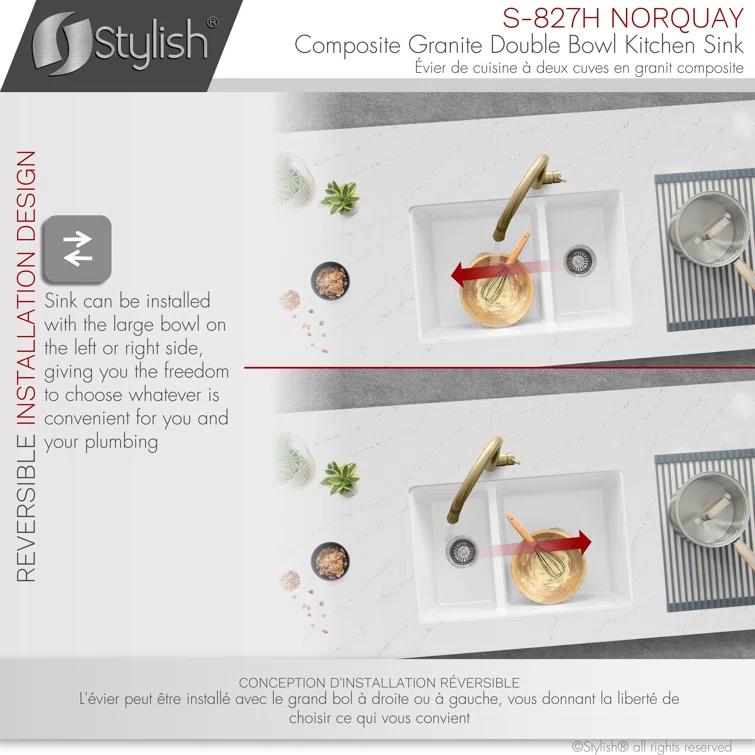 STYLISH S-827H Pietra STYLISH 27 inch Double Bowl 60/40 Dual Mount Composite Granite Kitchen Sink