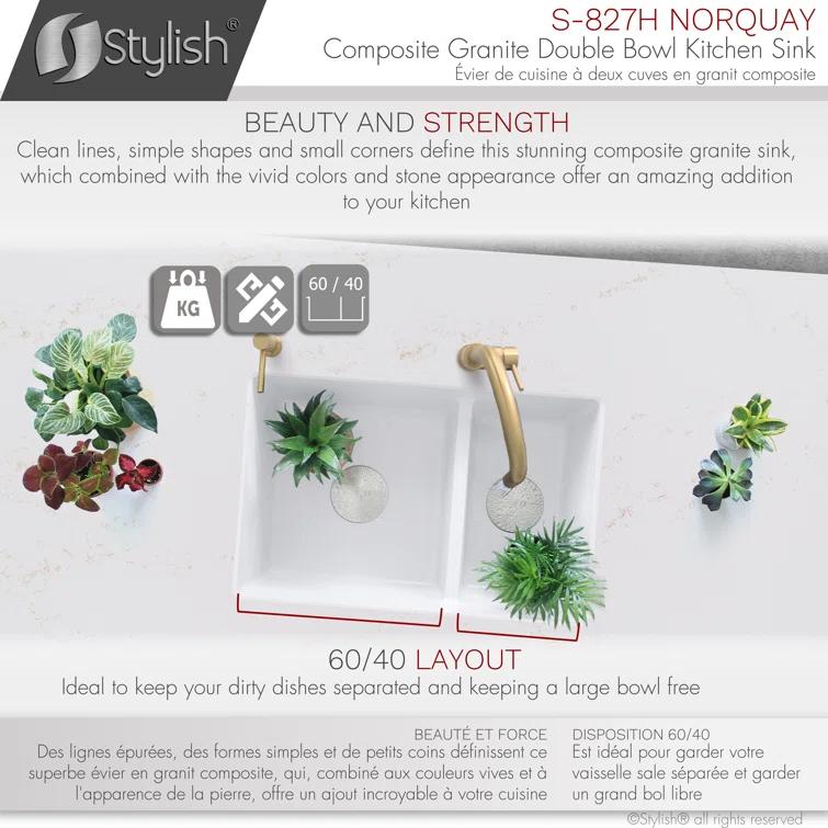 STYLISH S-827H Pietra STYLISH 27 inch Double Bowl 60/40 Dual Mount Composite Granite Kitchen Sink