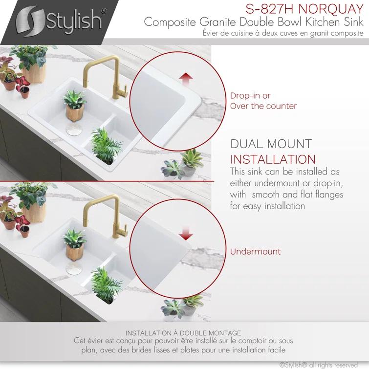 STYLISH S-827H Pietra STYLISH 27 inch Double Bowl 60/40 Dual Mount Composite Granite Kitchen Sink
