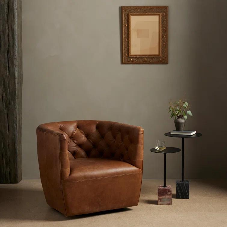 Thames Cream Leather Handcrafted Swivel Chair