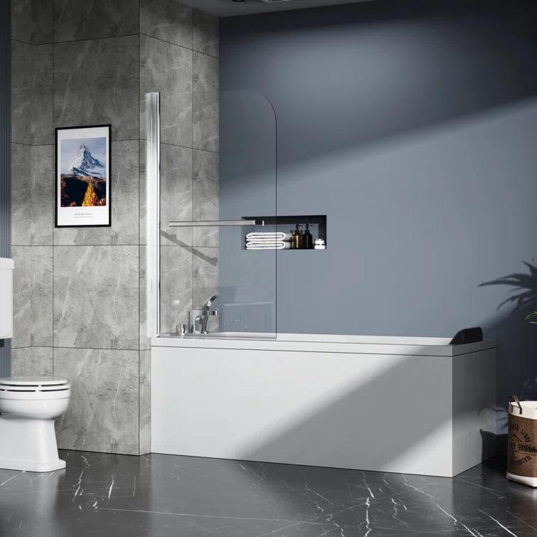 31" W x 55" H Tub Shower Door Panel, Foldable Bathtub Glass Shower Door, 180°Rotatable Pivot Glass Door Screen with 1/4" Thick SGCC Tempered Glass
