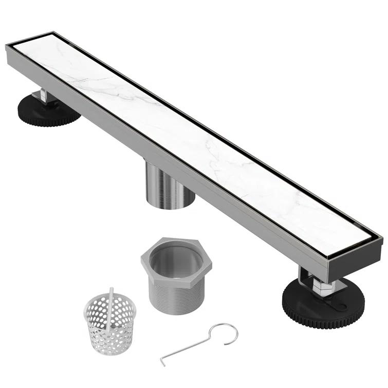 24" Linear Tile-in Shower Drain with Hair Strainer & Lifting Hook-Modern Stainless Steel Drain for Bathroom Showers