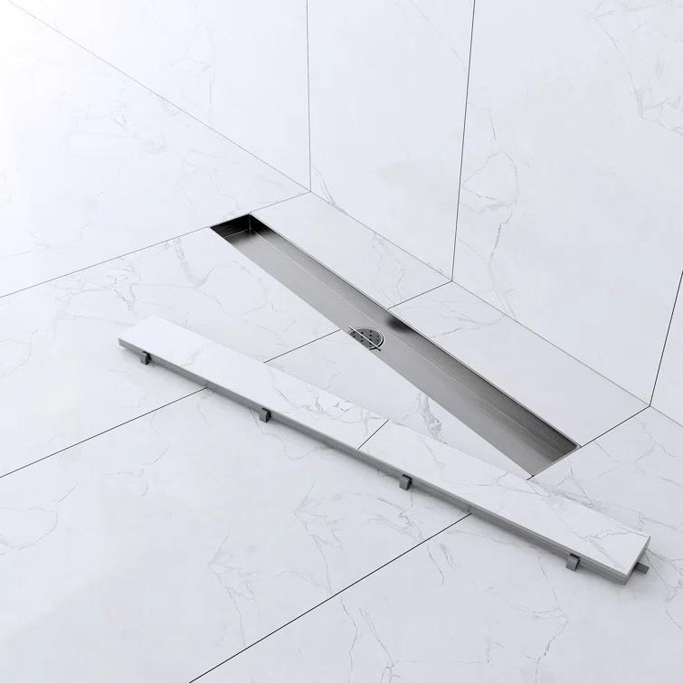 24" Linear Tile-in Shower Drain with Hair Strainer & Lifting Hook-Modern Stainless Steel Drain for Bathroom Showers