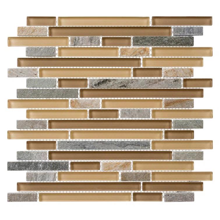 Andova Wright-Scape Straight Edge Glass & Slate Brick Joint Mosaic Kitchen Backsplash, Bathroom, Shower, Pool, Wall and Floor Tile