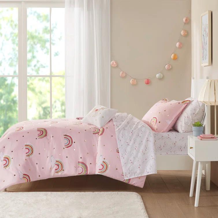 Intelligent Design Kids Alicia Rainbow and Metallic Stars Comforter Set with Bed Sheets