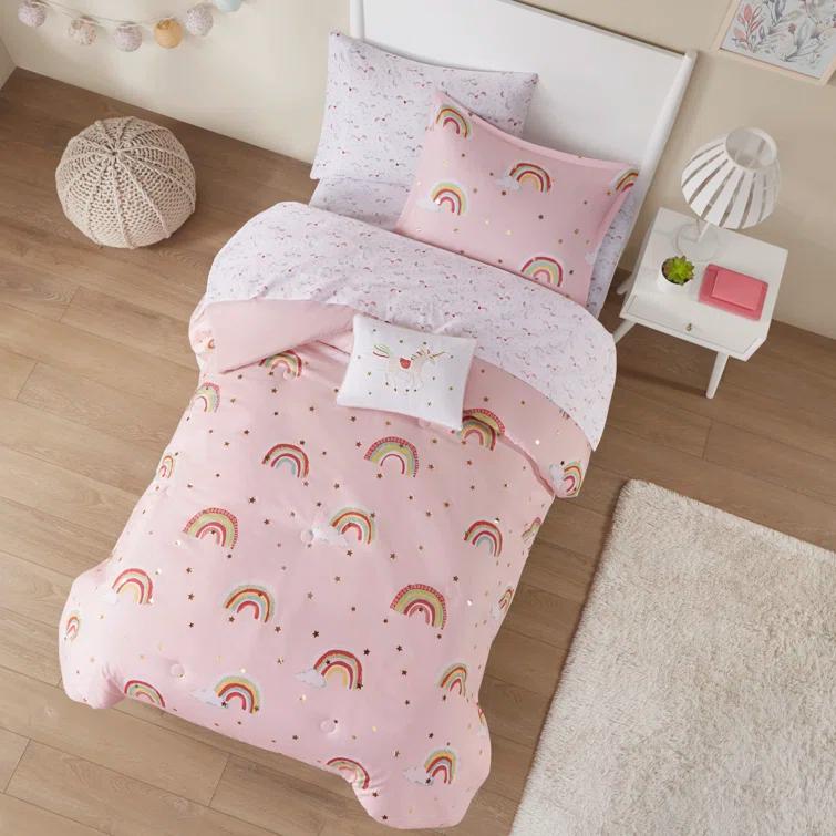 Intelligent Design Kids Alicia Rainbow and Metallic Stars Comforter Set with Bed Sheets