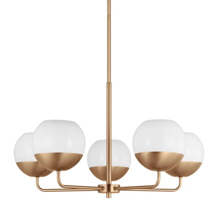 Alvin Satin Brass Midcentury 5-Light Chandelier with Milk Glass Shades