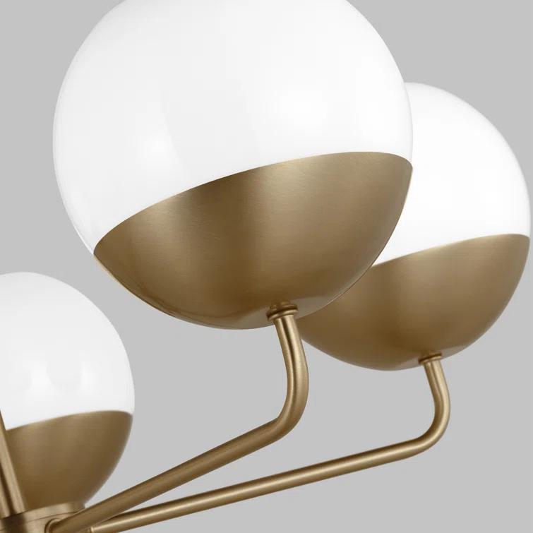 Alvin Satin Brass Midcentury 5-Light Chandelier with Milk Glass Shades