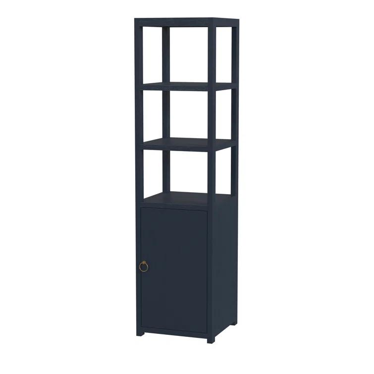 Navy Blue Tall Wood Bookcase with Adjustable Shelves and Door