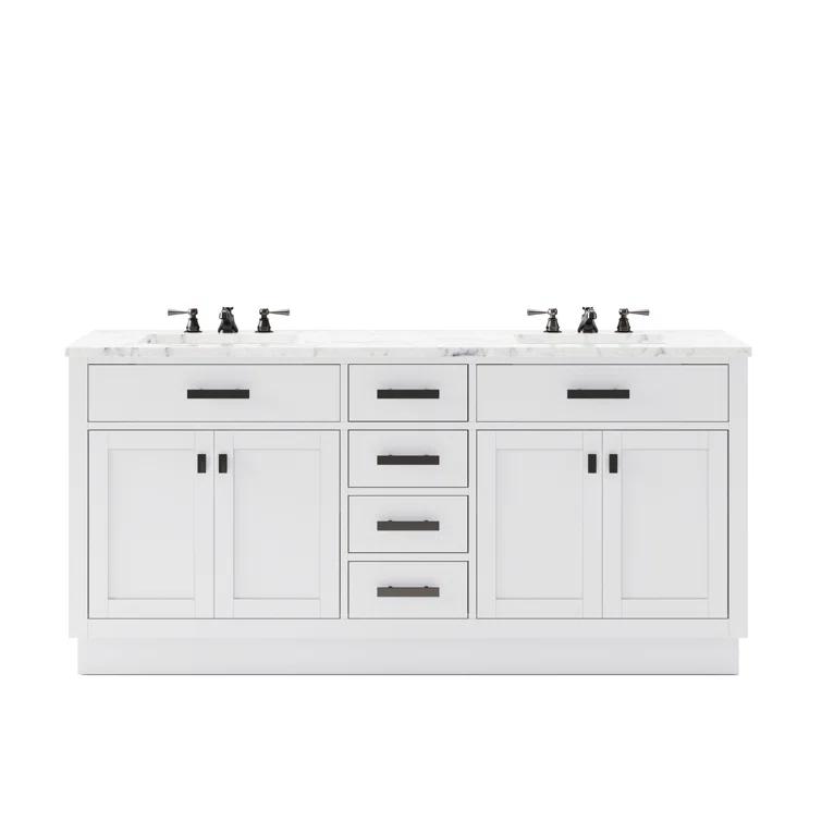 Hartford 72" Carrara White Marble Countertop Bath Vanity in Pure White with Faucet
