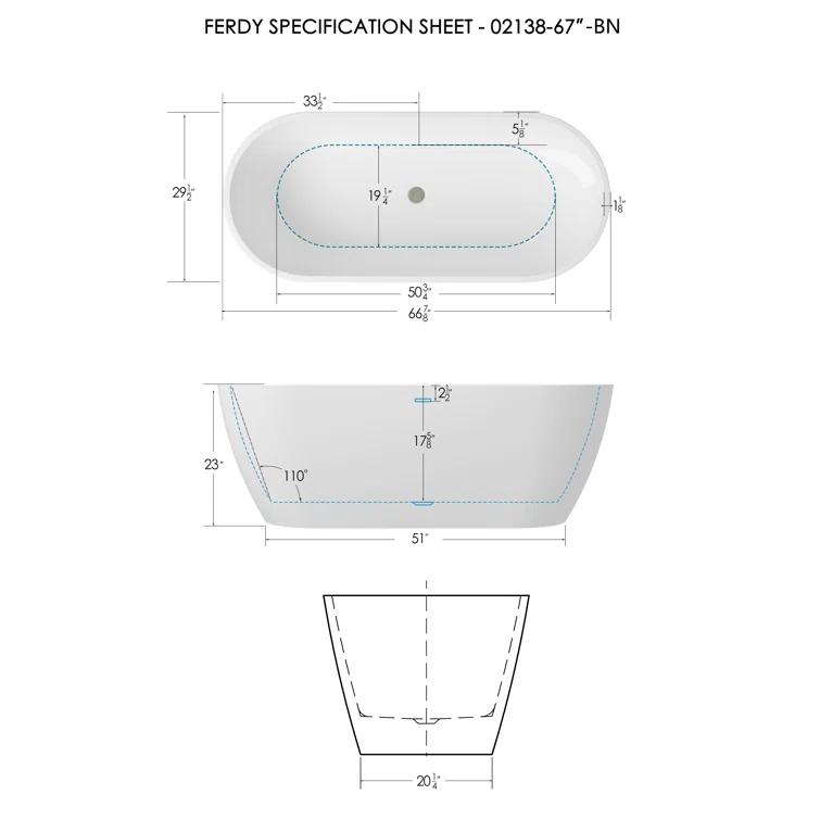 Bali Elite 67" x 30" Freestanding Soaking Acrylic Bathtub with Brushed Nickel Drain