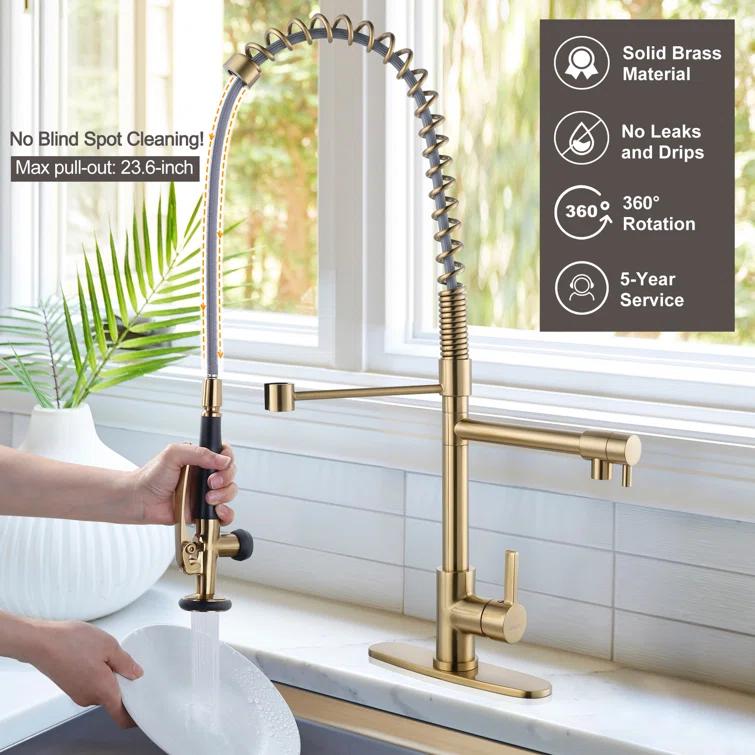 Spring Pull Down Single Handle Kitchen Faucet with Deck Plate and Handles