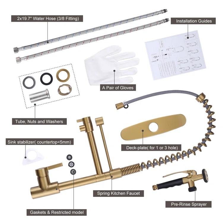 Spring Pull Down Single Handle Kitchen Faucet with Deck Plate and Handles