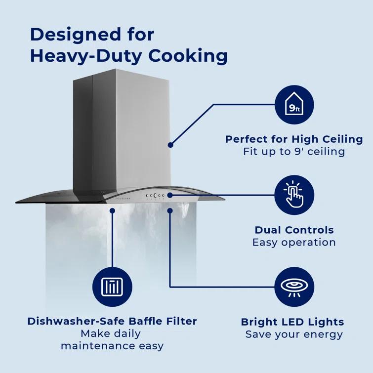 Hauslane Hauslane 30" Stainless Steel 600 CFM Convertible Island Range Hood with Baffle Filter IS-200SS-30