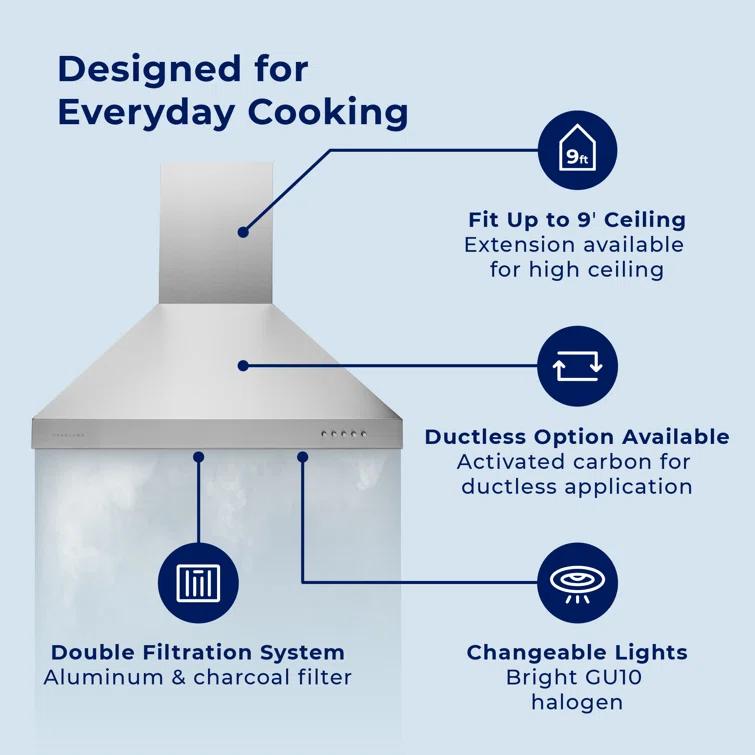 Hauslane Hauslane Wall Mount Range Hood 30 Inch | Wall Chimney | 6” Duct/Ductless Convertible, Strong Suction, Six-layer Aluminum Filters, Changeable LED Lamps, Stove Kitchen Vent Hood WM-530WHT-30B