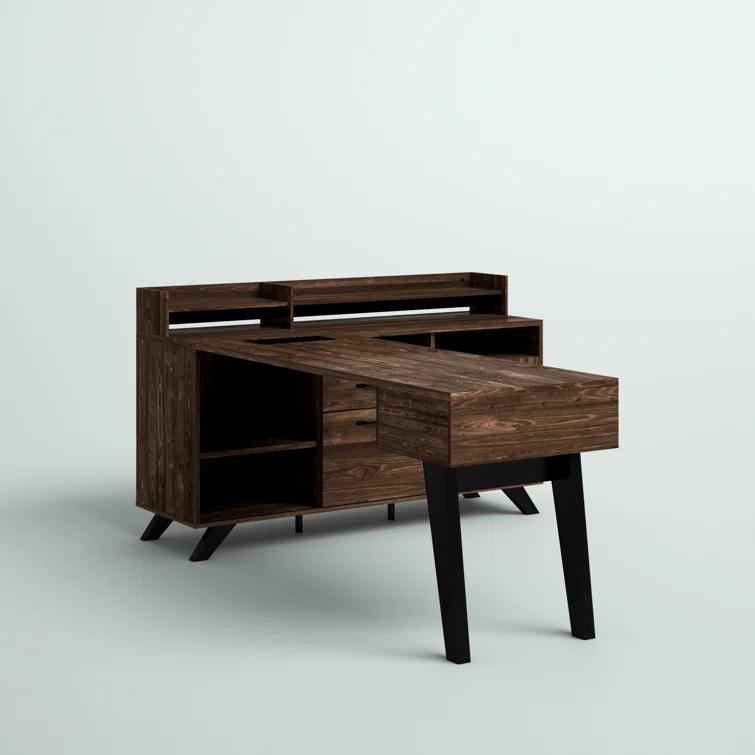 Helsy L-Shaped Desk with Power Bar and Removable Hutch Natural Walnut