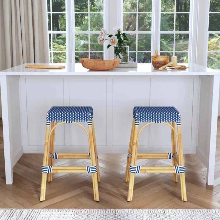 Butler Specialty Company Robias Rectangular Rattan 30" Bar Stool - Blue & White