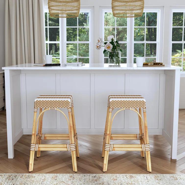 Tan and White Striped Rattan Backless Bar Stool, 30"