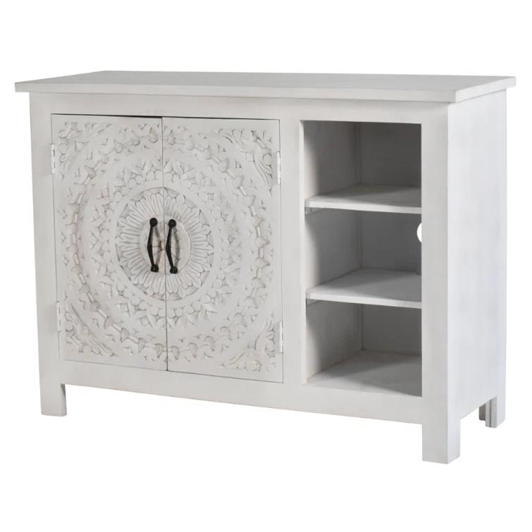 White Mango Wood TV Cabinet with Hand-Carved Doors