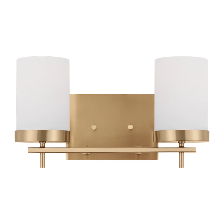 Zire Elegant 2-Light Vanity Fixture in Satin Brass with Etched Glass