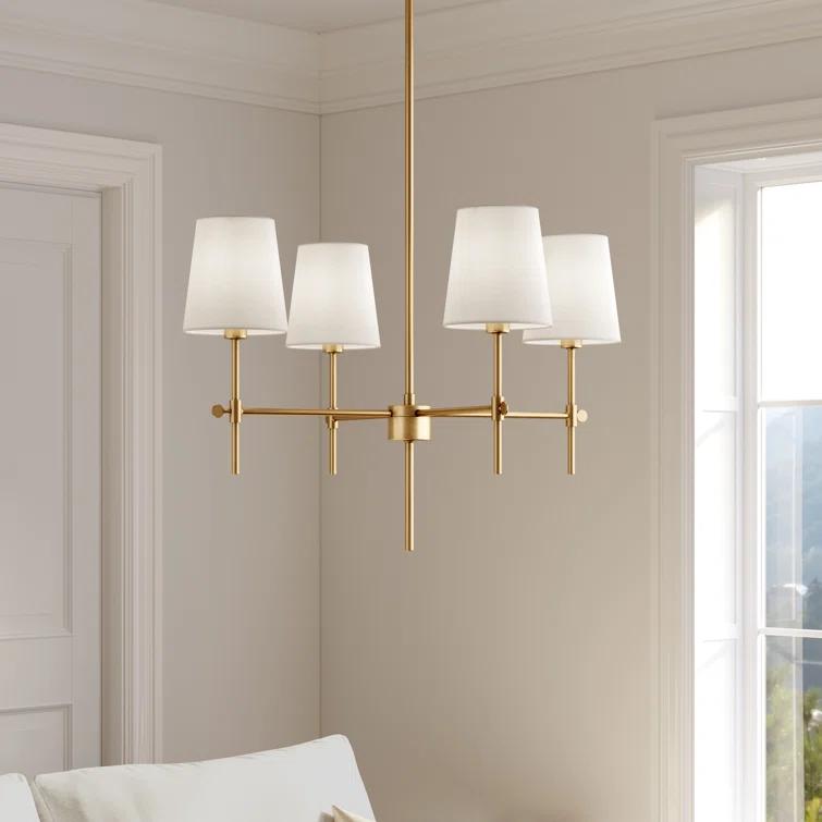 Satin Brass 4-Light Chandelier with White Linen Shades