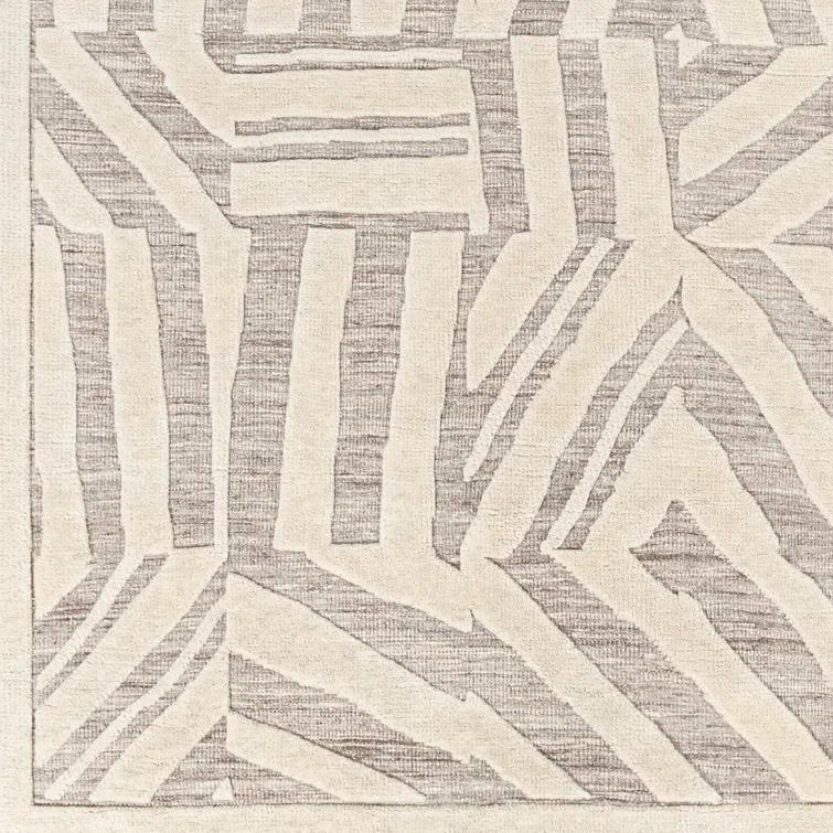 Rectangular Gray and Off-White Wool Geometric Area Rug