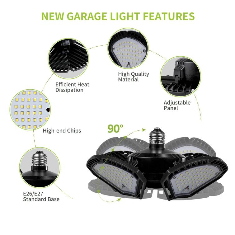 LED Garage Light,100W (900W Equivalent) 15000 Lumen 4-Head Deformable Ceiling Light, 5000K Daylight