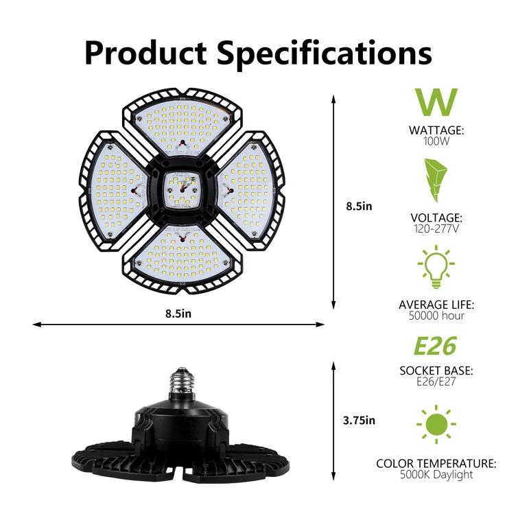 LED Garage Light,100W (900W Equivalent) 15000 Lumen 4-Head Deformable Ceiling Light, 5000K Daylight