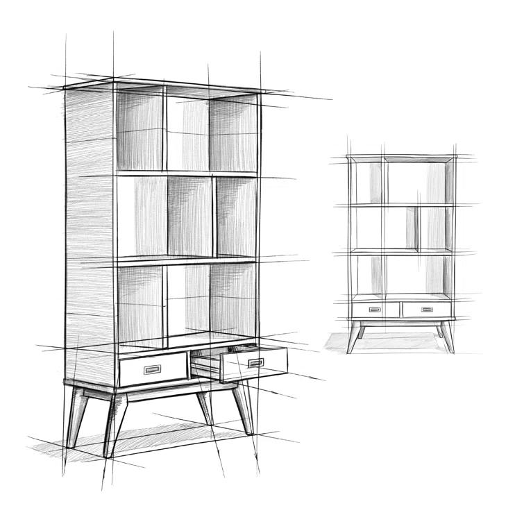 Simpli Home Draper 35"W Solid Hardwood 6 Shelf Compartment Mid-Century Modern Wide Bookcase with 2 Drawers