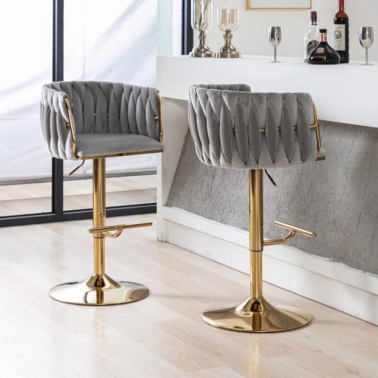 Everly Quinn Swivel Adjustable Height Bar Stool Modern Velvet Barstool with Barrel Back Kitchen Island Counter Bar Chair with Golden Base