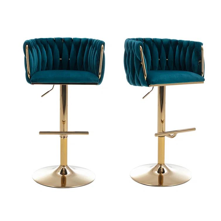 Everly Quinn Swivel Adjustable Height Bar Stool Modern Velvet Barstool with Barrel Back Kitchen Island Counter Bar Chair with Golden Base