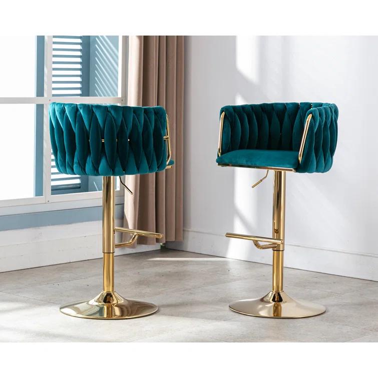 Everly Quinn Swivel Adjustable Height Bar Stool Modern Velvet Barstool with Barrel Back Kitchen Island Counter Bar Chair with Golden Base