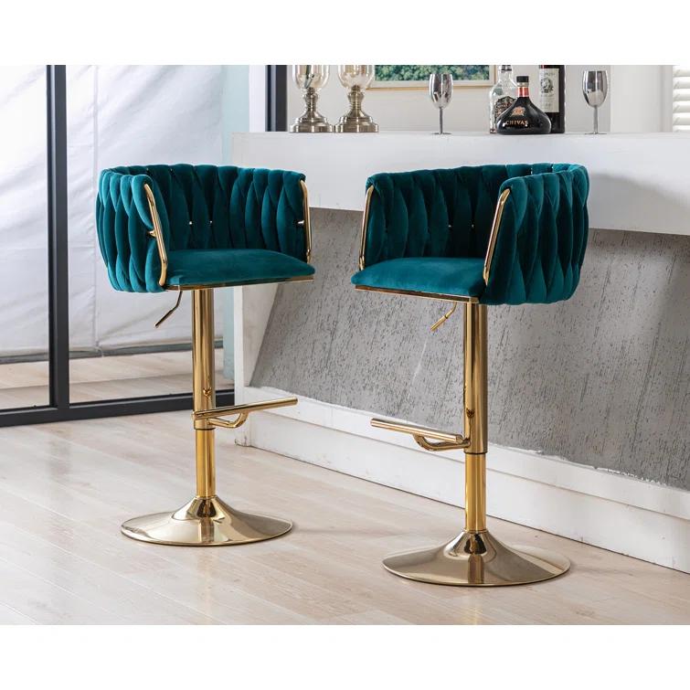 Everly Quinn Swivel Adjustable Height Bar Stool Modern Velvet Barstool with Barrel Back Kitchen Island Counter Bar Chair with Golden Base