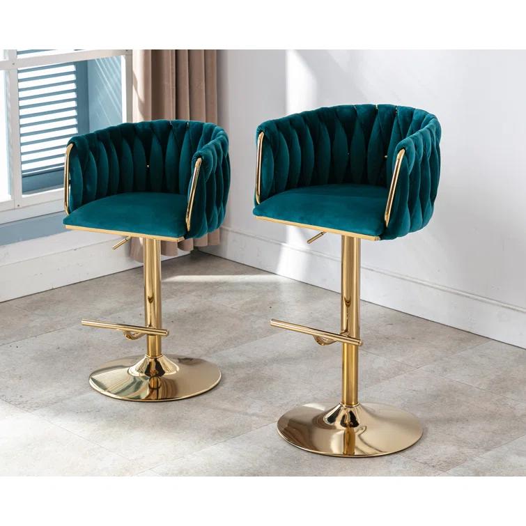 Everly Quinn Swivel Adjustable Height Bar Stool Modern Velvet Barstool with Barrel Back Kitchen Island Counter Bar Chair with Golden Base