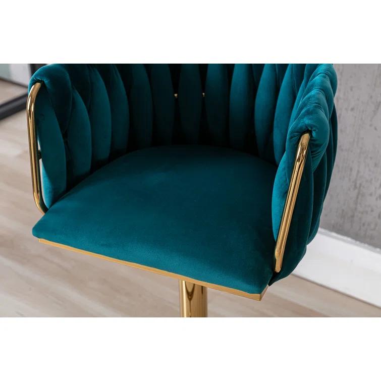 Everly Quinn Swivel Adjustable Height Bar Stool Modern Velvet Barstool with Barrel Back Kitchen Island Counter Bar Chair with Golden Base