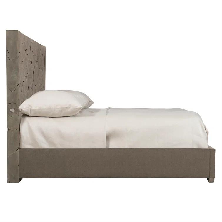 Gray King Upholstered Bed with Teak Panel Headboard