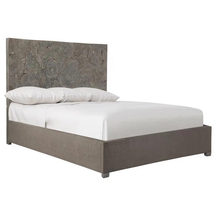 Gray King Upholstered Bed with Teak Panel Headboard