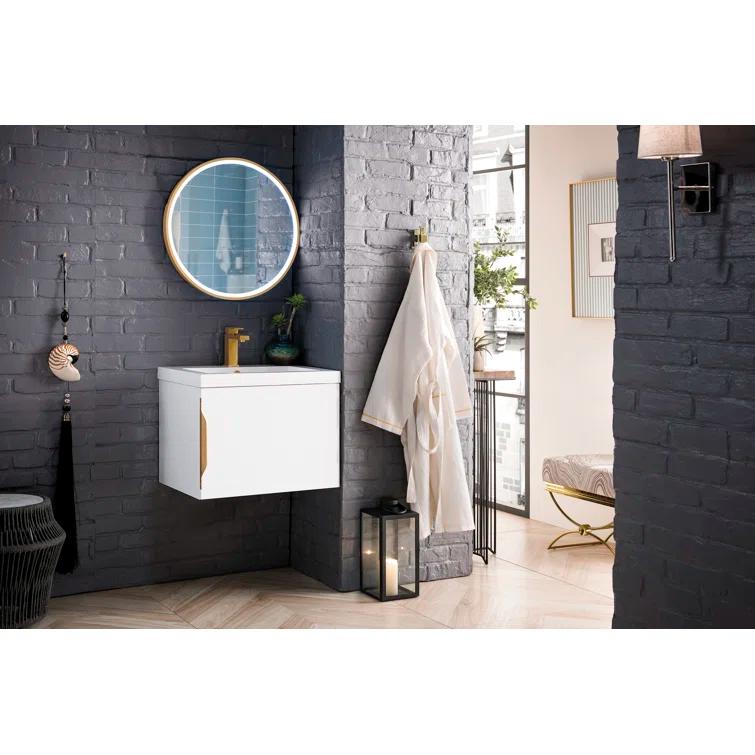 Glossy White Solid Wood Wall-Mount Single Vanity with Mineral Composite Sink