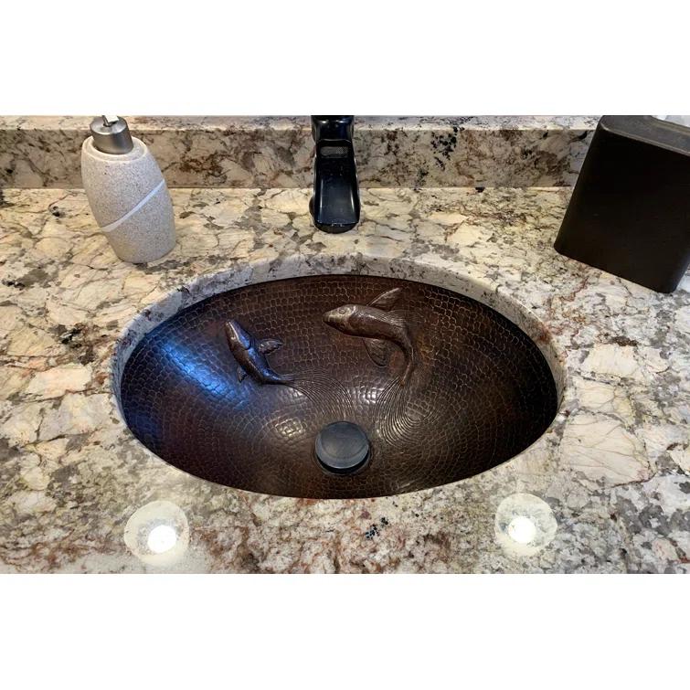 19" Oval Under Counter Hammered Copper Bathroom Sink with Koi Fish Design