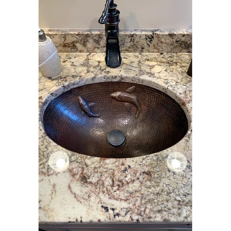 19" Oval Under Counter Hammered Copper Bathroom Sink with Koi Fish Design