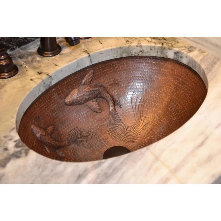 19" Oval Under Counter Hammered Copper Bathroom Sink with Koi Fish Design