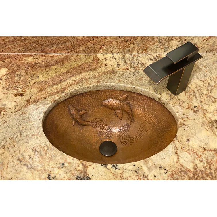 19" Oval Under Counter Hammered Copper Bathroom Sink with Koi Fish Design