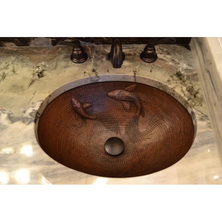 19" Oval Under Counter Hammered Copper Bathroom Sink with Koi Fish Design